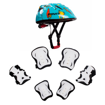 普为特POVIT轮滑护具儿童头盔套装7件套自行车滑板溜冰鞋儿童护具 黑色护具+浅蓝色头盔