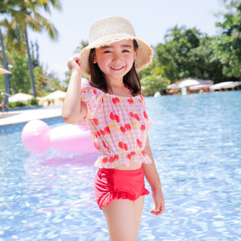 女童泳衣儿童比基尼分体小中大童游泳衣保守可爱泳装三件套装 红色