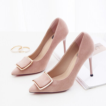 欧美2018春季新款通勤职业女鞋高跟鞋女细跟绒面尖头浅口百搭单鞋hcn