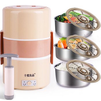 
                                        十度良品（SEED） SD-909s电热饭盒 三层三胆保温独立真空保鲜不锈钢加热饭盒                