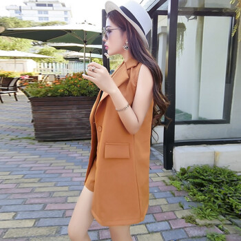 肯依莲 2015秋装新款女装韩版时尚中长款一粒扣无袖西服套装 1580 深卡其布色 L