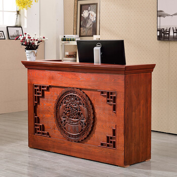 简约现代中式收银台柜台实木雕花复古服装店吧台桌酒店前台接待台