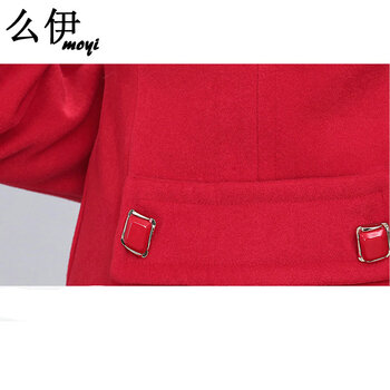 么伊毛呢大衣女2015秋冬装新款韩版时尚修身长袖毛呢外套女中长款配可拆卸毛领8201 大红色 M