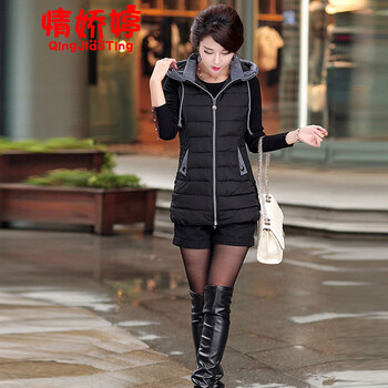 情娇婷2015韩版糖果色羽绒棉中长马甲女 秋冬新款加厚连帽马夹背心 玫红色 XL