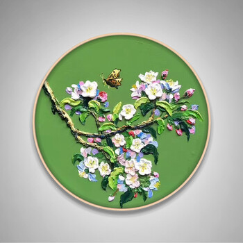 现代简约圆形纯手绘油画卧室玄关餐厅客厅装饰画新中式花卉挂壁画