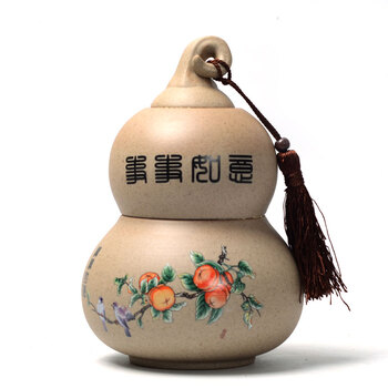 
                                        博度 哥窑葫芦双层茶叶罐 陶瓷密封罐 粗陶茶罐陶瓷 大号容量储藏罐1斤装 粗陶事事如意                