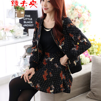 物不二2015秋冬新款女装小马图两件套加绒加厚棉衣羽绒棉服休闲套装8988 图片色 L