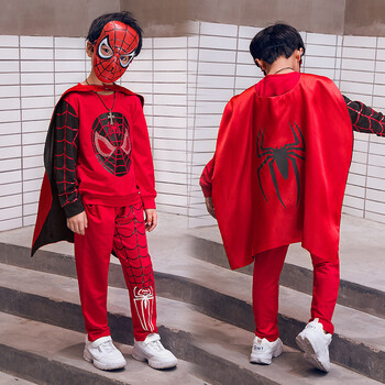 男童蜘蛛侠演出服小孩蝙蝠侠cosplay化妆舞会衣服 红色小  披风 面具