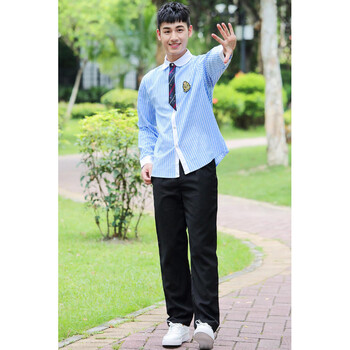 小学初中高中学生毕业照英伦班服女制服 男蓝色条纹长袖衬衫 黑长裤 l
