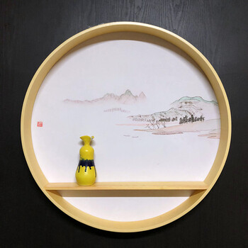 实木圆形画框禅意装饰画新中式玄关置物挂画现代餐厅茶室创意水墨 静