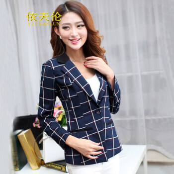 依天伦2015秋装一粒扣格子小西装外套女大码修身显瘦西服 图片色 S