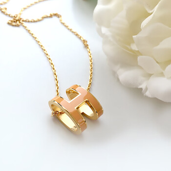 现货爱马仕女士珐琅pop h字母项链简约时尚锁骨链挂坠 椭圆芒果金边