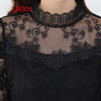 LRXN2015秋冬新款女装冬上新雪纺衫上衣女立领蕾丝衫打底衫 3731 黑 L
