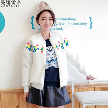 曼娜雷帝 2015秋冬新款棒球服女秋冬开衫新款卫衣上衣情侣女装大码太空棉薄外套潮 白色 L