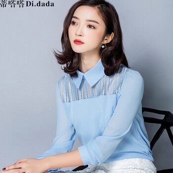 蒂嗒嗒（Di.dada）2016春季新品女装娃娃领长袖宽松显瘦蕾丝拼接雪纺衫DSD882 浅蓝色 M码