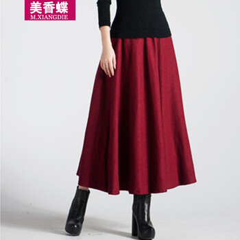 美香蝶2015秋冬季新品韩版女装复古毛呢高腰半身裙修身长裙简约羊毛呢大摆裙 优雅红 M