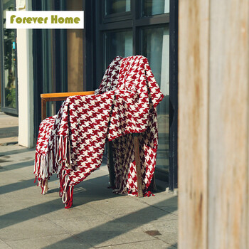 
                                        FOREVER HOME秋冬空调毯腈纶涤办公室沙发午睡休闲毯毛巾被 线毯流苏毯薄千鸟格毯子 130*170cm                