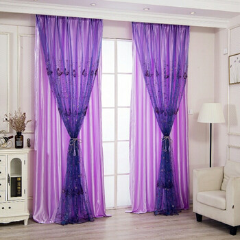 蕾丝绣花窗帘纱美容院客厅卧室隔断帘 蝴蝶纱紫色 仿真丝里布【默认