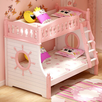 滑梯床儿童床母子床女孩上下床公主双层床带护栏高低床 粉色双层床