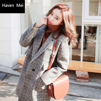 HavenMei早春新款韩版淑女气质女装格子中长款小西装女 外套 小西服D14 图片色 M