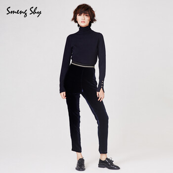 SMENG SHY2015秋冬新款 宽松休闲蚕丝天鹅绒长裤 高腰小脚裤女 藏青色 S码 建议(160/80A)