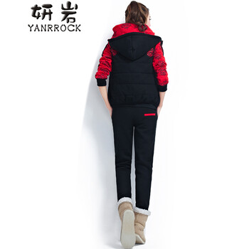 
                                        妍岩 运动套装女2017秋装新款潮韩版大码运动服休闲三件套卫衣女WY006 红色. L                