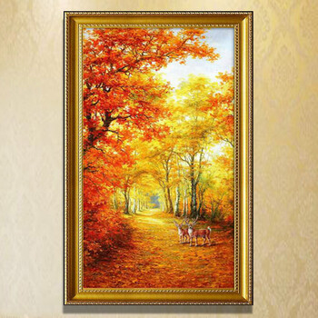 手绘油画欧式客厅玄关挂画坚幅山水风景美式黄金大道装饰画发财树