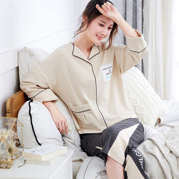 俞兆林睡衣女长袖纯棉春秋开衫女士全棉薄款可外穿家居服套装 纯色款