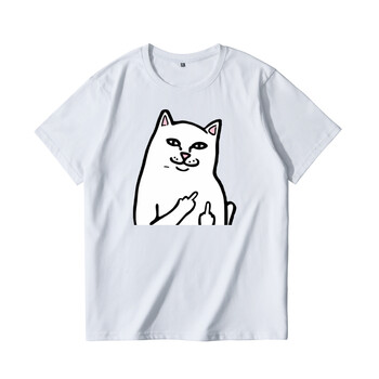 魅星紫ripndip小贱猫t恤欧美中指猫圆领男女情侣短袖 半身猫白 l