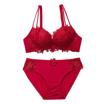 内衣套装女大红色新娘结婚小胸加厚胸罩薄款聚拢无钢圈文胸 红色 80b