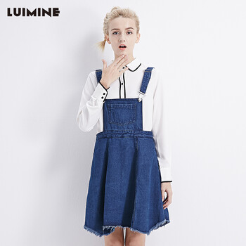 LUIMINE2015秋冬新款韩版学院风连衣裙显瘦背带裙牛仔短裙 蓝色 XL