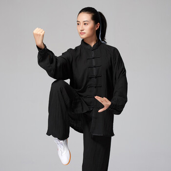 新款夏秋季长袖太极服 亚麻棉麻男女款武术练功服 透气晨练服 黑色 s