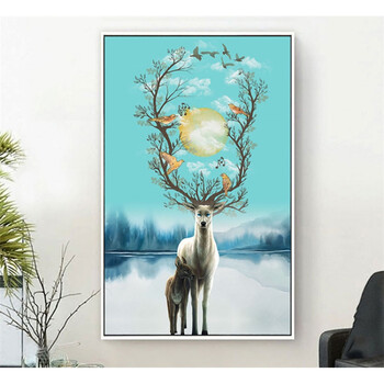 过道玄关装饰画发财鹿 走廊竖版挂画北欧风景壁画简约现代入户墙画 m