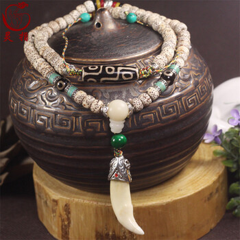 925银镶嵌狗牙项链 星月菩提子108手串手链 男士款 星月菩提配狼牙坠