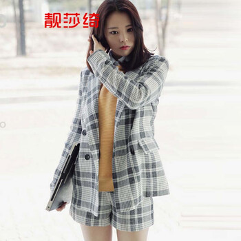 靓莎绮2015秋冬韩版个性长袖宽松直筒格子西服套装+外套两件套Y3614 深灰色 L