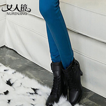 女人镜 2015冬装新款韩版女装加厚加绒高腰排扣牛仔裤#S8101 孔雀蓝 29