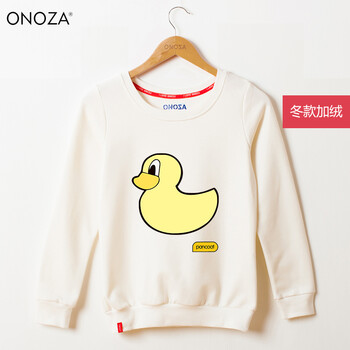 ONOZA2015新款韩版纯色圆领秋冬加绒卫衣女款学生盼酷大小黄鸭印花长袖套头外套上衣休闲 白色  加绒款 M