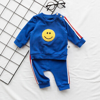 春秋款运动套装男女帅宝宝洋气衣服可开档0韩版1潮2岁3 蓝色笑脸套装
