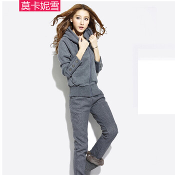 莫卡妮雪 韩版大码休闲套装加厚运动套装加绒卫衣套装女冬装外套 灰色 M