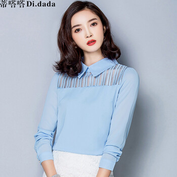 蒂嗒嗒（Di.dada）2016春季新品女装娃娃领长袖宽松显瘦蕾丝拼接雪纺衫DSD882 浅蓝色 M码