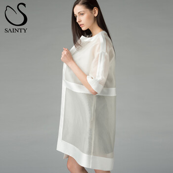 舜天SAINTY2016春新款真丝欧根纱廓型风衣女中长款 欧美风薄外套上衣 白色 M/165-清凉桑蚕丝 秋季正好