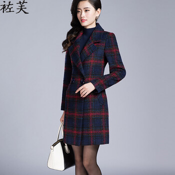 袏芙 呢大衣 女2015秋冬新款韩版毛呢外套女修身中长款毛呢大衣女 红格 L