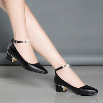 真皮粗跟单鞋百搭一字扣带水钻高跟中空圆头低跟女鞋 黑色粗跟3cm 35