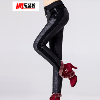 乐萌狼2015秋冬新款韩版女装修身加厚中腰保暖双面羽绒棉裤Q7008 黑色 M