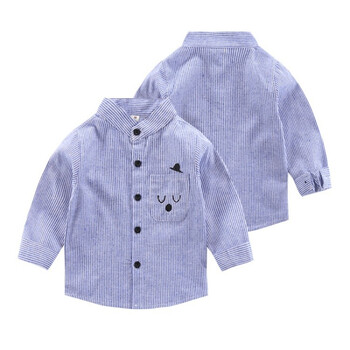 快乐嘉人2018中小童男童衬衫棉混纺布浅蓝色 蓝色百搭春秋长袖条纹