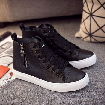 新款平底高邦学生皮面高帮小白鞋皮质帆布鞋拉链高腰全黑板鞋女鞋韩版