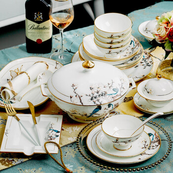 套装家用中式景德镇骨瓷餐具碗盘筷子组合 w285-1玉兰绶带60头 _ 商品