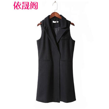 依晟阁2015秋冬新款女装韩版呢料中长款宽松西服领大码马甲女装潮 黑色 XXL