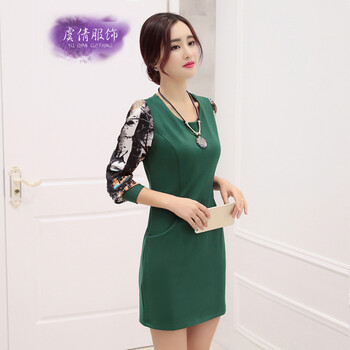 虞倩YQ 2016春季新款大码女装印花长袖连衣裙Y357-1 绿色 M