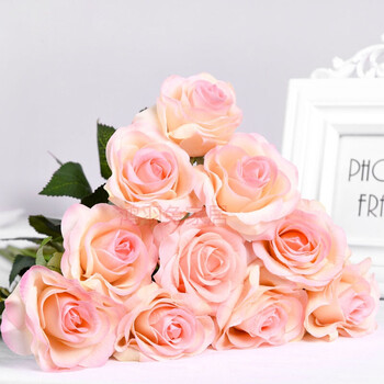 10支玫瑰花家居装饰假花仿真花 保湿绢布玫瑰摆件 10支粉香槟